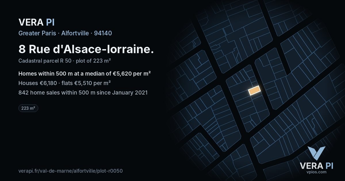 8 Rue d'Alsace-lorraine, Alfortville at night – the plot lit, the parcels around coloured by the prices near them