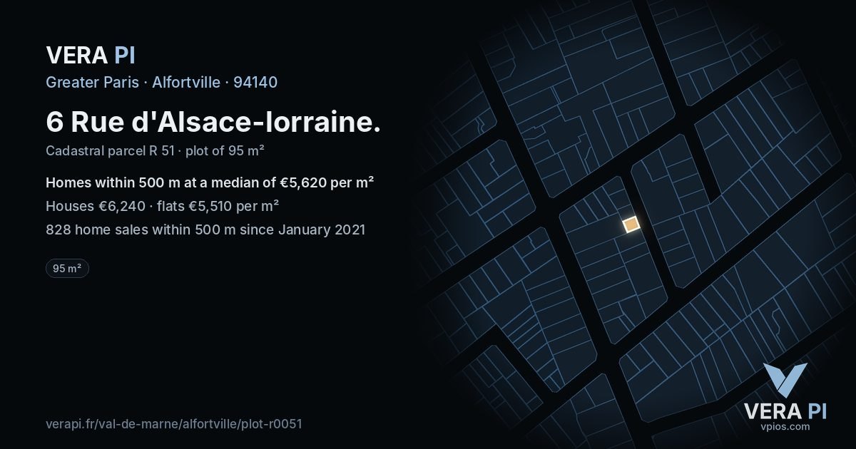 6 Rue d'Alsace-lorraine, Alfortville at night – the plot lit, the parcels around coloured by the prices near them