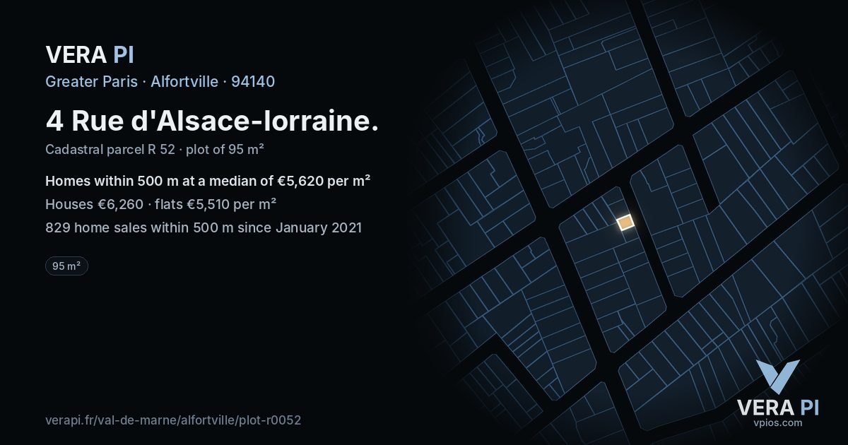 4 Rue d'Alsace-lorraine, Alfortville at night – the plot lit, the parcels around coloured by the prices near them