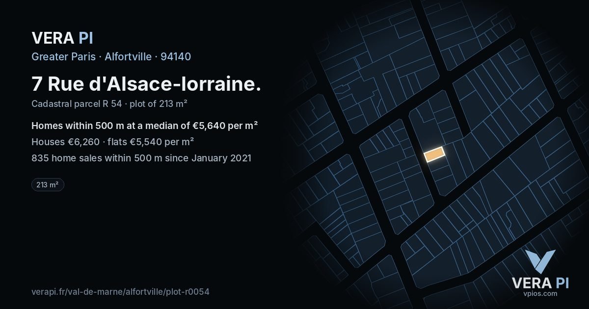 7 Rue d'Alsace-lorraine, Alfortville at night – the plot lit, the parcels around coloured by the prices near them