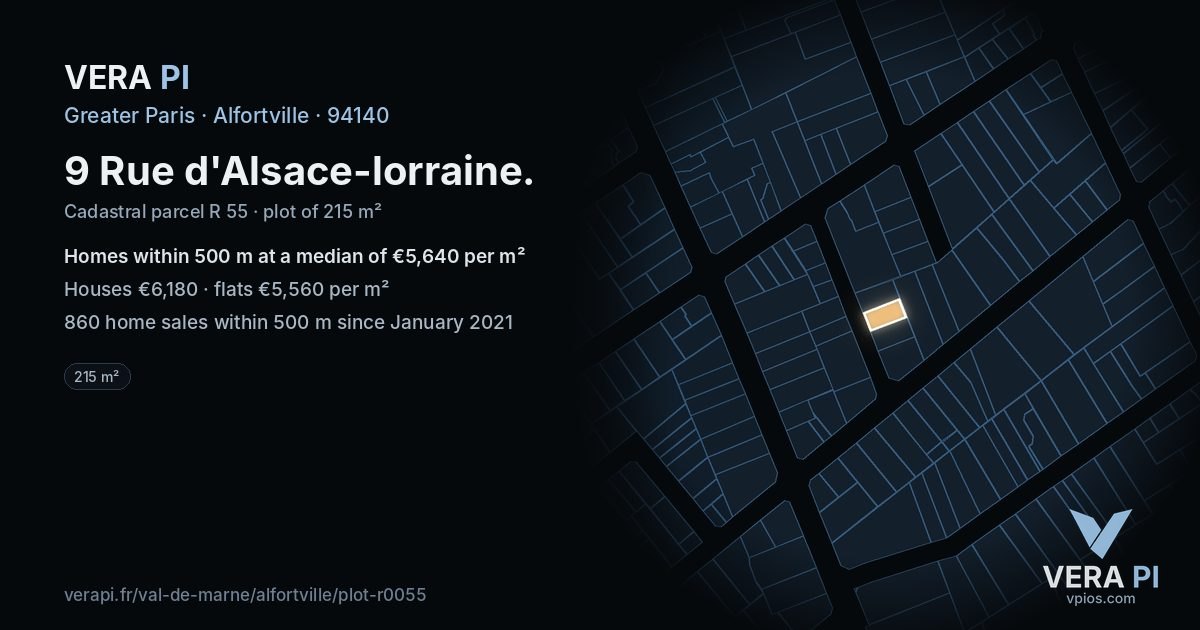 9 Rue d'Alsace-lorraine, Alfortville at night – the plot lit, the parcels around coloured by the prices near them