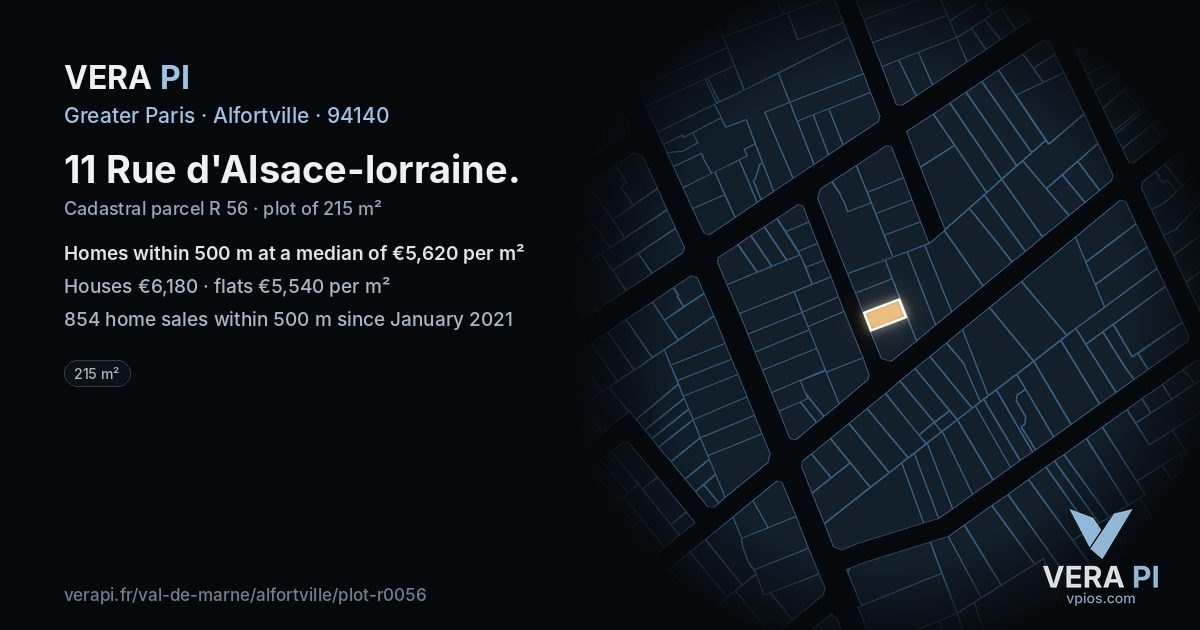 11 Rue d'Alsace-lorraine, Alfortville at night – the plot lit, the parcels around coloured by the prices near them