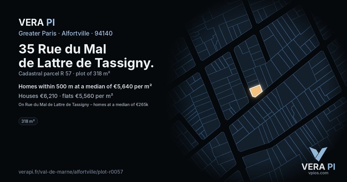 35 Rue du Mal de Lattre de Tassigny, Alfortville at night – the plot lit, the parcels around coloured by the prices near them