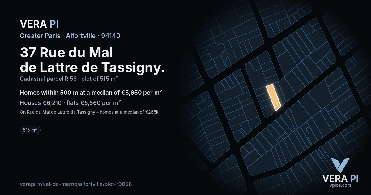37 Rue du Mal de Lattre de Tassigny, Alfortville at night – the plot lit, the parcels around coloured by the prices near them