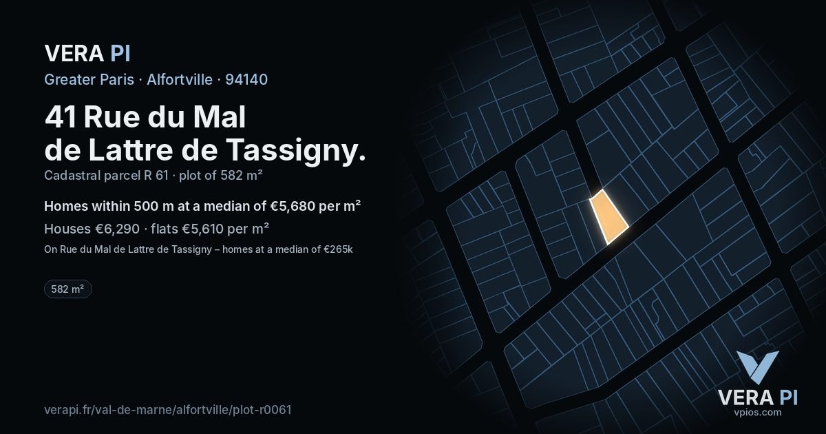 41 Rue du Mal de Lattre de Tassigny, Alfortville at night – the plot lit, the parcels around coloured by the prices near them
