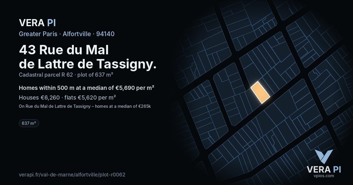 43 Rue du Mal de Lattre de Tassigny, Alfortville at night – the plot lit, the parcels around coloured by the prices near them