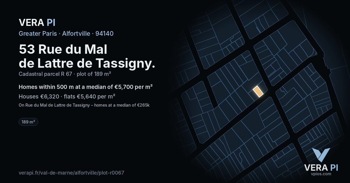 53 Rue du Mal de Lattre de Tassigny, Alfortville at night – the plot lit, the parcels around coloured by the prices near them