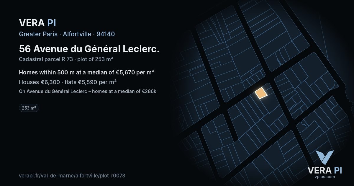 56 Avenue du Général Leclerc, Alfortville at night – the plot lit, the parcels around coloured by the prices near them