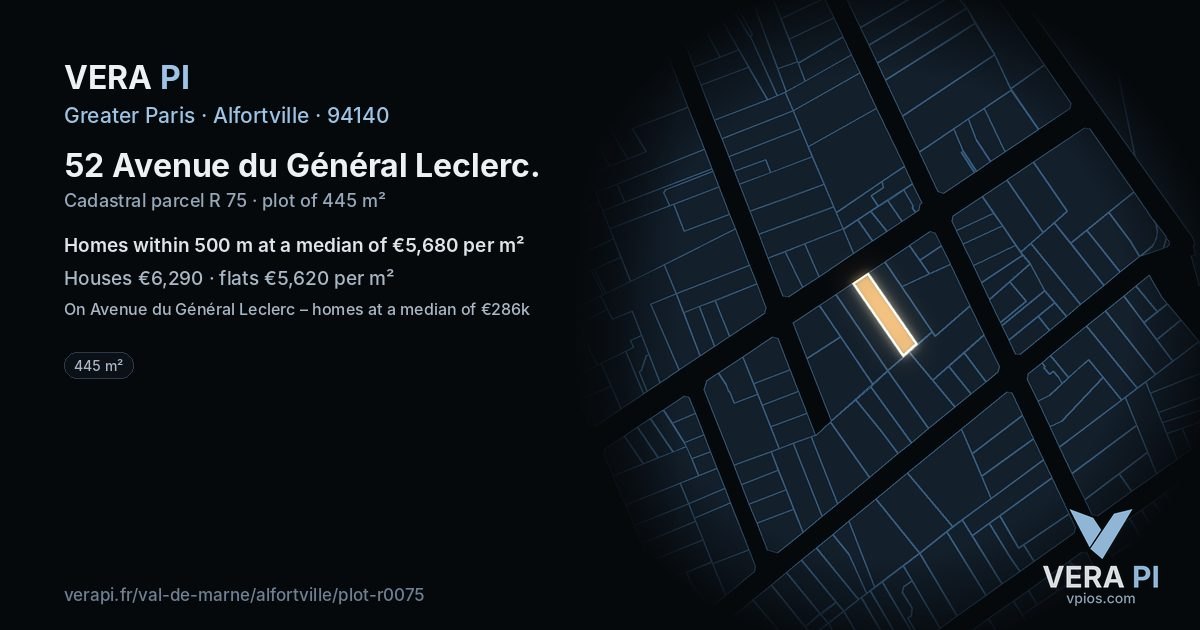 52 Avenue du Général Leclerc, Alfortville at night – the plot lit, the parcels around coloured by the prices near them