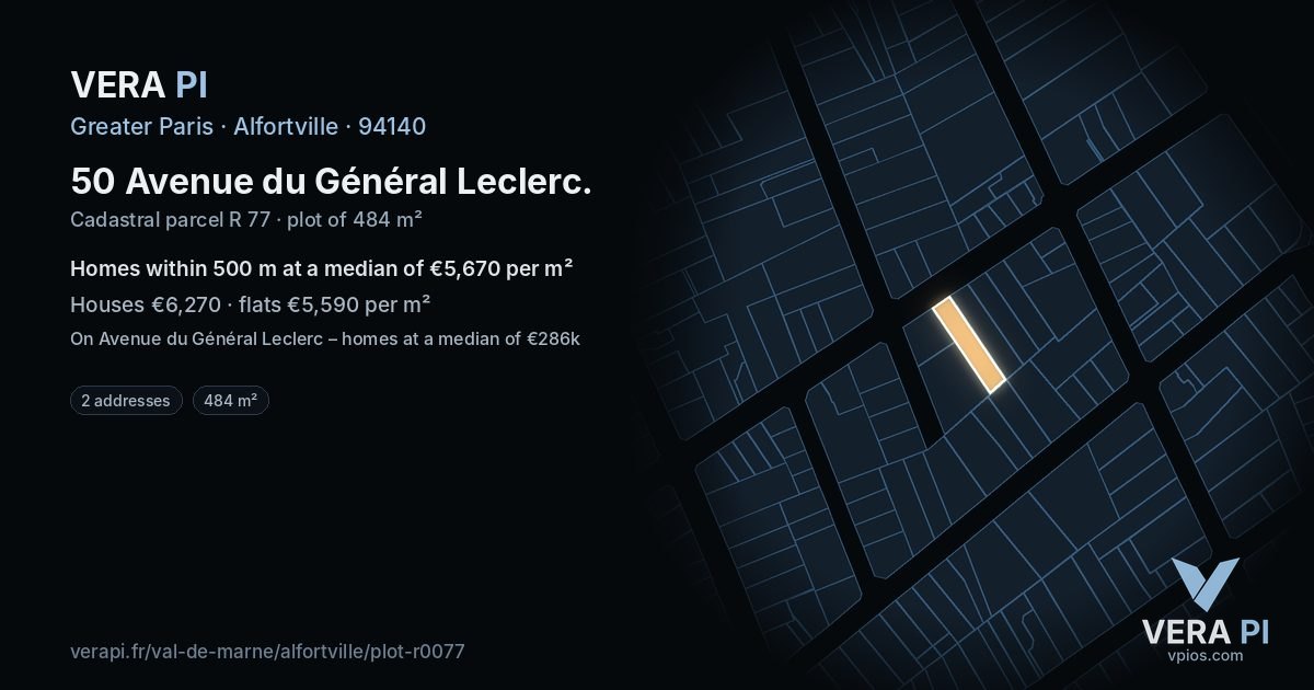 50 Avenue du Général Leclerc, Alfortville at night – the plot lit, the parcels around coloured by the prices near them