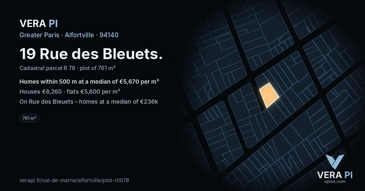 19 Rue des Bleuets, Alfortville at night – the plot lit, the parcels around coloured by the prices near them