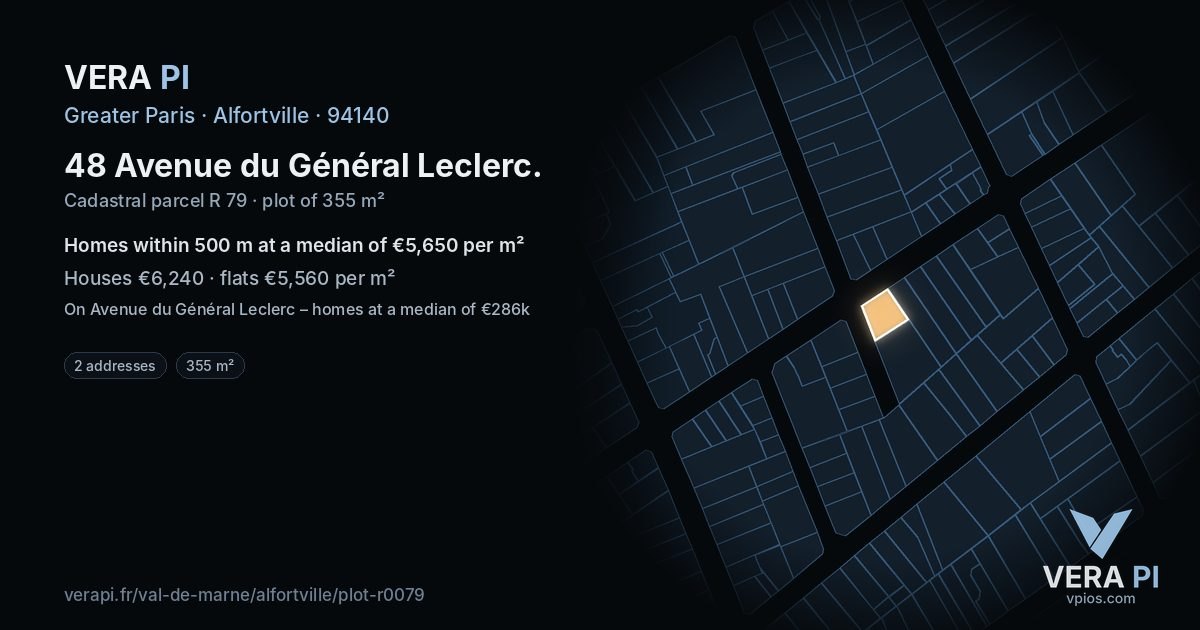 48 Avenue du Général Leclerc, Alfortville at night – the plot lit, the parcels around coloured by the prices near them