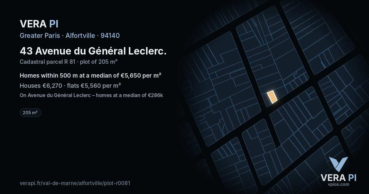 43 Avenue du Général Leclerc, Alfortville at night – the plot lit, the parcels around coloured by the prices near them