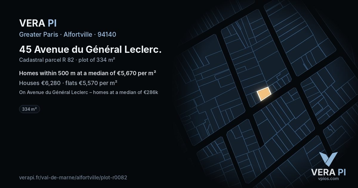45 Avenue du Général Leclerc, Alfortville at night – the plot lit, the parcels around coloured by the prices near them
