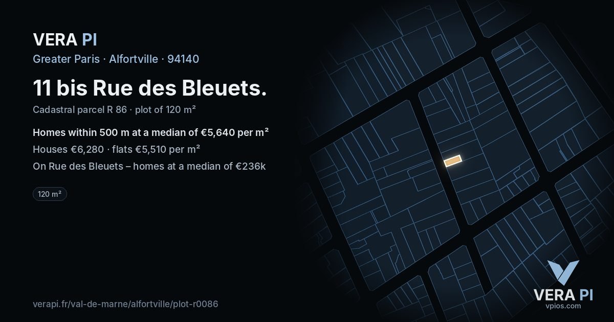 11 bis Rue des Bleuets, Alfortville at night – the plot lit, the parcels around coloured by the prices near them
