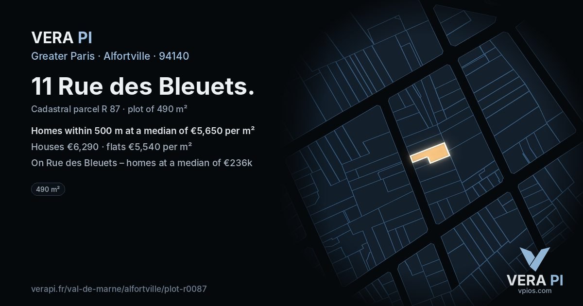 11 Rue des Bleuets, Alfortville at night – the plot lit, the parcels around coloured by the prices near them