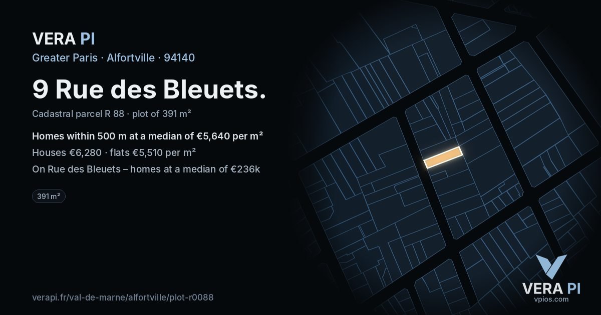 9 Rue des Bleuets, Alfortville at night – the plot lit, the parcels around coloured by the prices near them