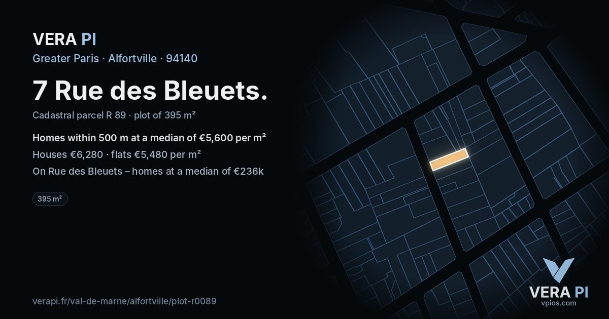 7 Rue des Bleuets, Alfortville at night – the plot lit, the parcels around coloured by the prices near them