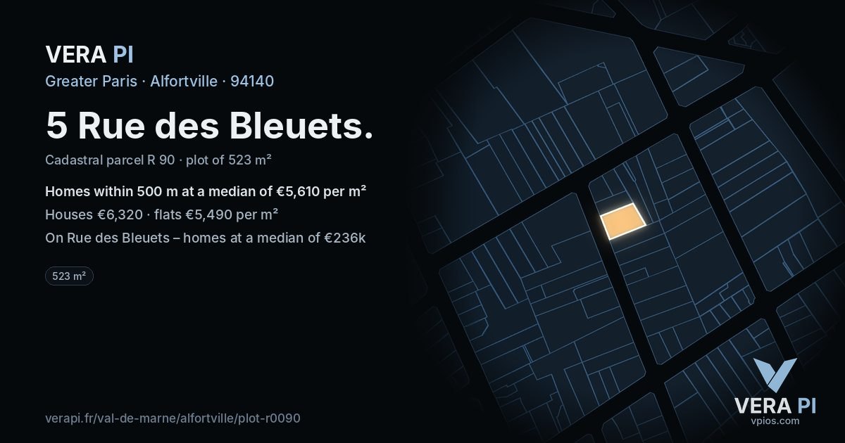 5 Rue des Bleuets, Alfortville at night – the plot lit, the parcels around coloured by the prices near them