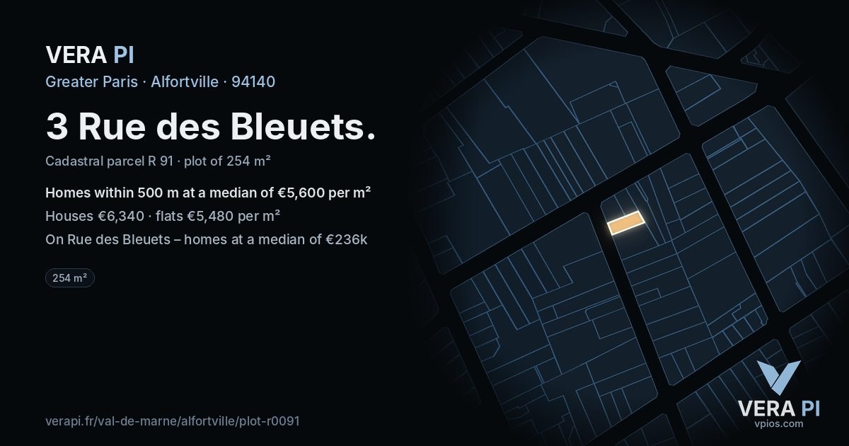 3 Rue des Bleuets, Alfortville at night – the plot lit, the parcels around coloured by the prices near them