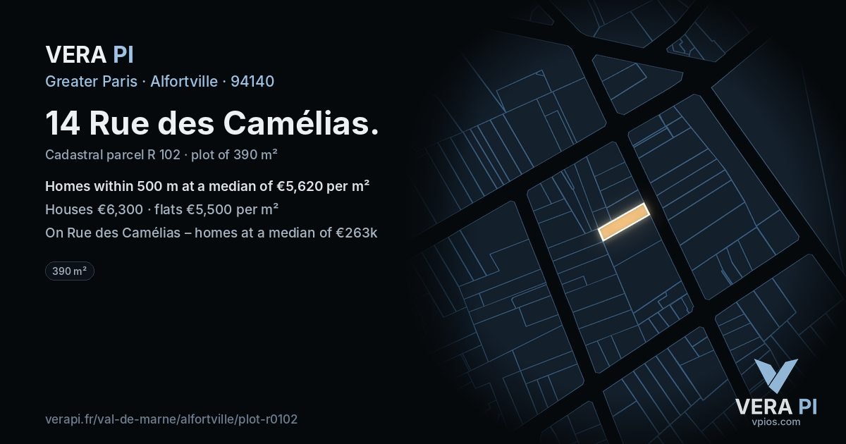 14 Rue des Camélias, Alfortville at night – the plot lit, the parcels around coloured by the prices near them