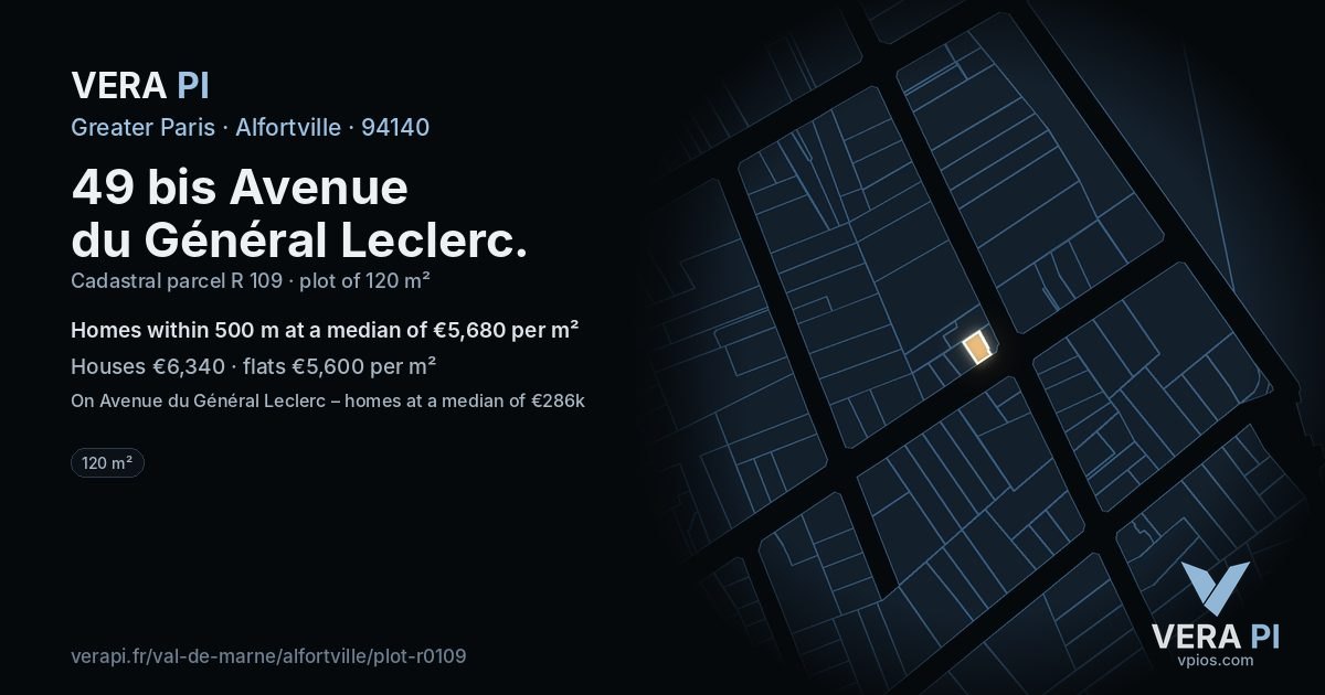 49 bis Avenue du Général Leclerc, Alfortville at night – the plot lit, the parcels around coloured by the prices near them