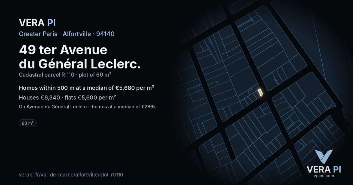 49 ter Avenue du Général Leclerc, Alfortville at night – the plot lit, the parcels around coloured by the prices near them