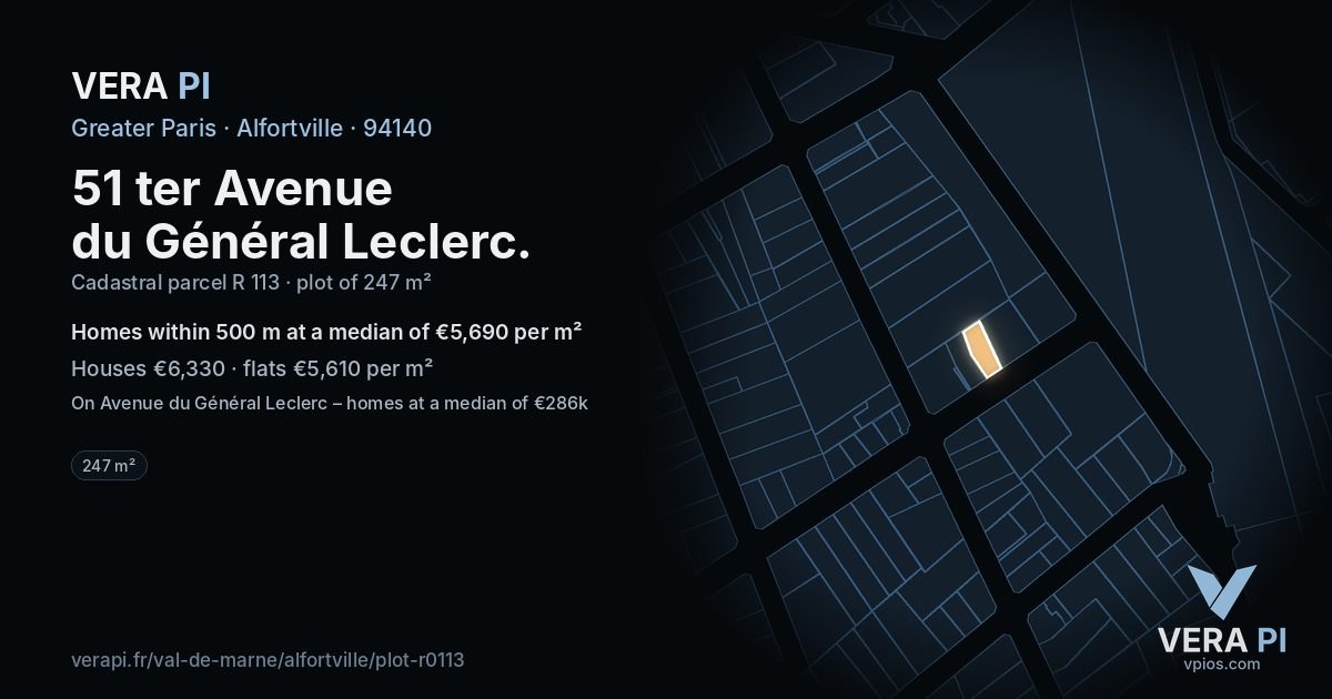 51 ter Avenue du Général Leclerc, Alfortville at night – the plot lit, the parcels around coloured by the prices near them