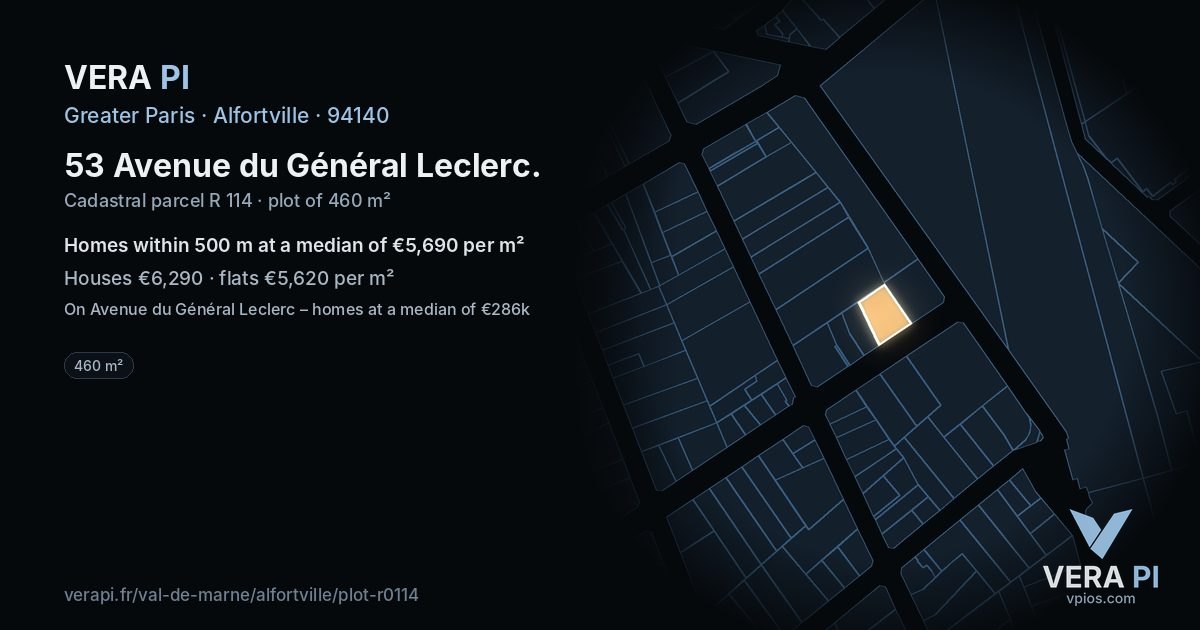 53 Avenue du Général Leclerc, Alfortville at night – the plot lit, the parcels around coloured by the prices near them