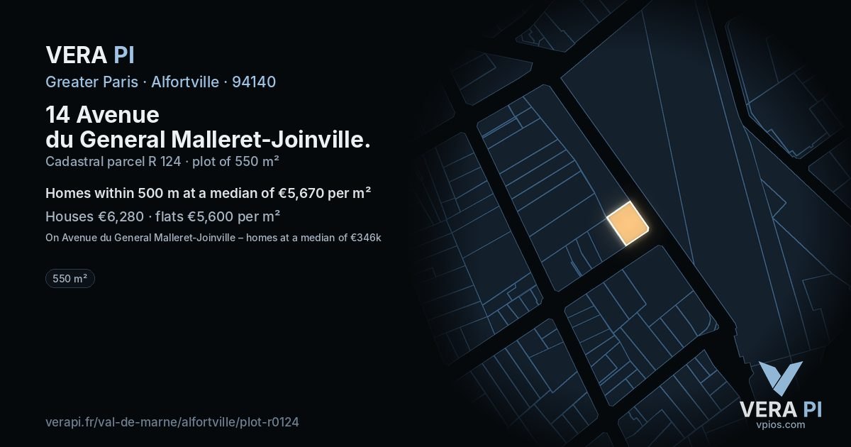14 Avenue du General Malleret-Joinville, Alfortville at night – the plot lit, the parcels around coloured by the prices near them