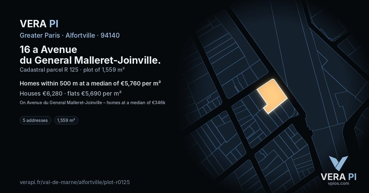 16 a Avenue du General Malleret-Joinville, Alfortville at night – the plot lit, the parcels around coloured by the prices near them