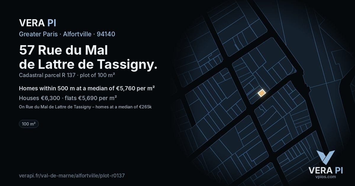 57 Rue du Mal de Lattre de Tassigny, Alfortville at night – the plot lit, the parcels around coloured by the prices near them
