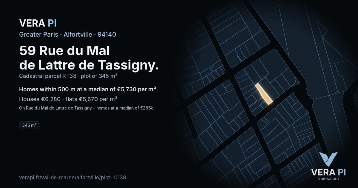 59 Rue du Mal de Lattre de Tassigny, Alfortville at night – the plot lit, the parcels around coloured by the prices near them