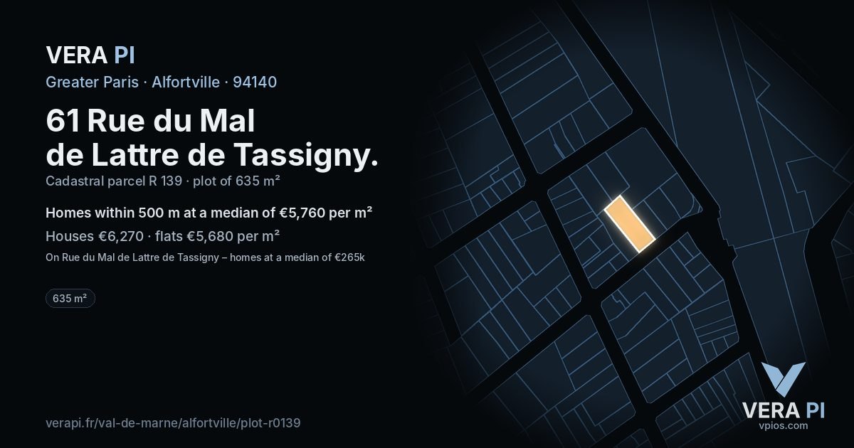 61 Rue du Mal de Lattre de Tassigny, Alfortville at night – the plot lit, the parcels around coloured by the prices near them