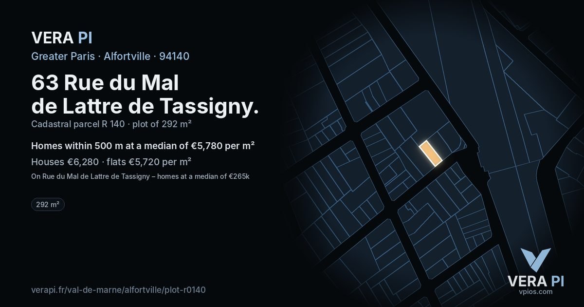 63 Rue du Mal de Lattre de Tassigny, Alfortville at night – the plot lit, the parcels around coloured by the prices near them