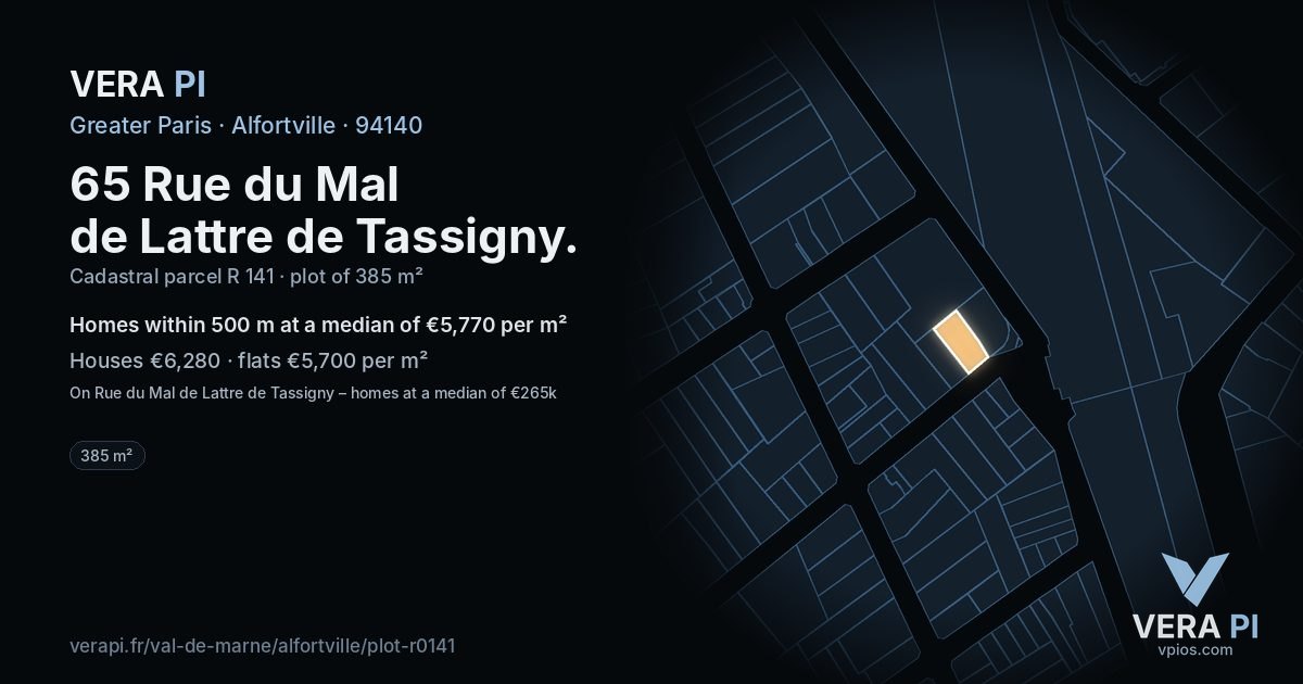 65 Rue du Mal de Lattre de Tassigny, Alfortville at night – the plot lit, the parcels around coloured by the prices near them