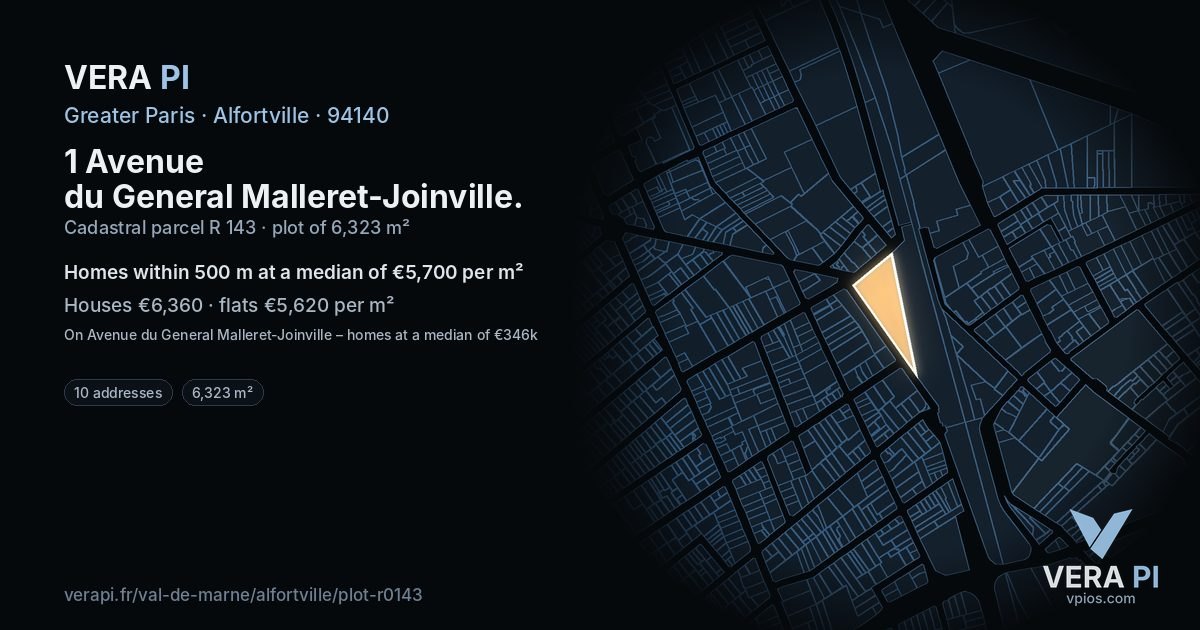 1 Avenue du General Malleret-Joinville, Alfortville at night – the plot lit, the parcels around coloured by the prices near them