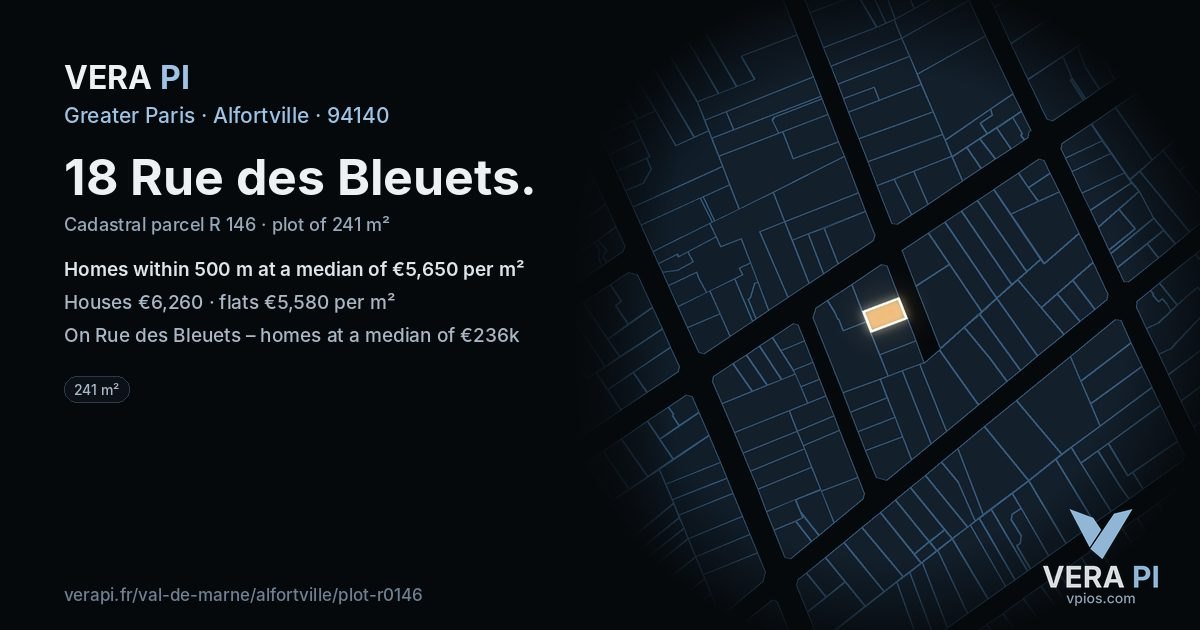 18 Rue des Bleuets, Alfortville at night – the plot lit, the parcels around coloured by the prices near them