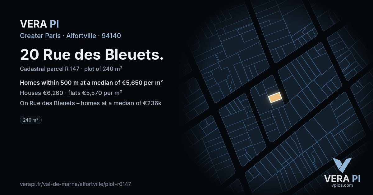 20 Rue des Bleuets, Alfortville at night – the plot lit, the parcels around coloured by the prices near them