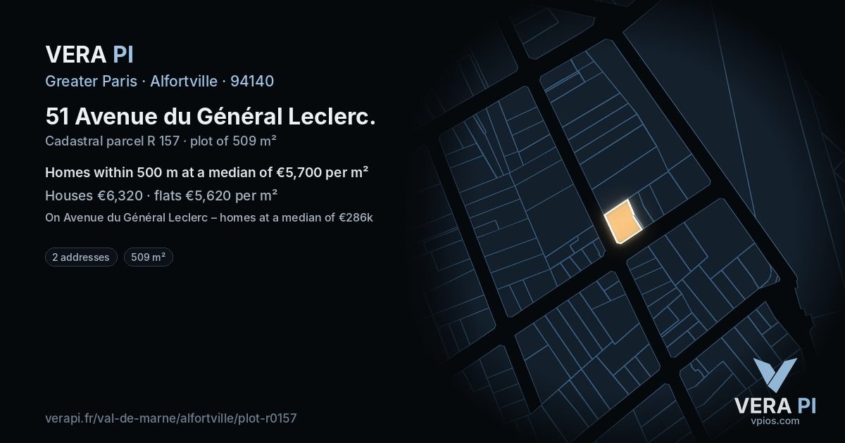51 Avenue du Général Leclerc, Alfortville at night – the plot lit, the parcels around coloured by the prices near them