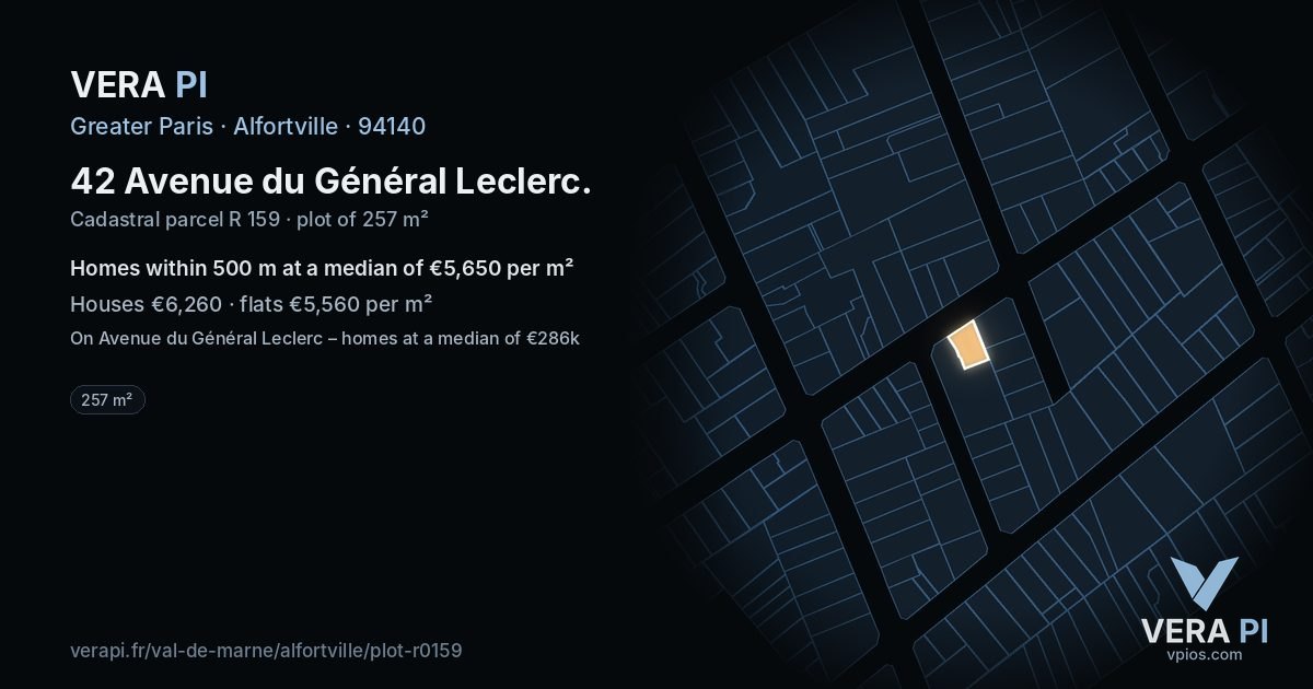 42 Avenue du Général Leclerc, Alfortville at night – the plot lit, the parcels around coloured by the prices near them
