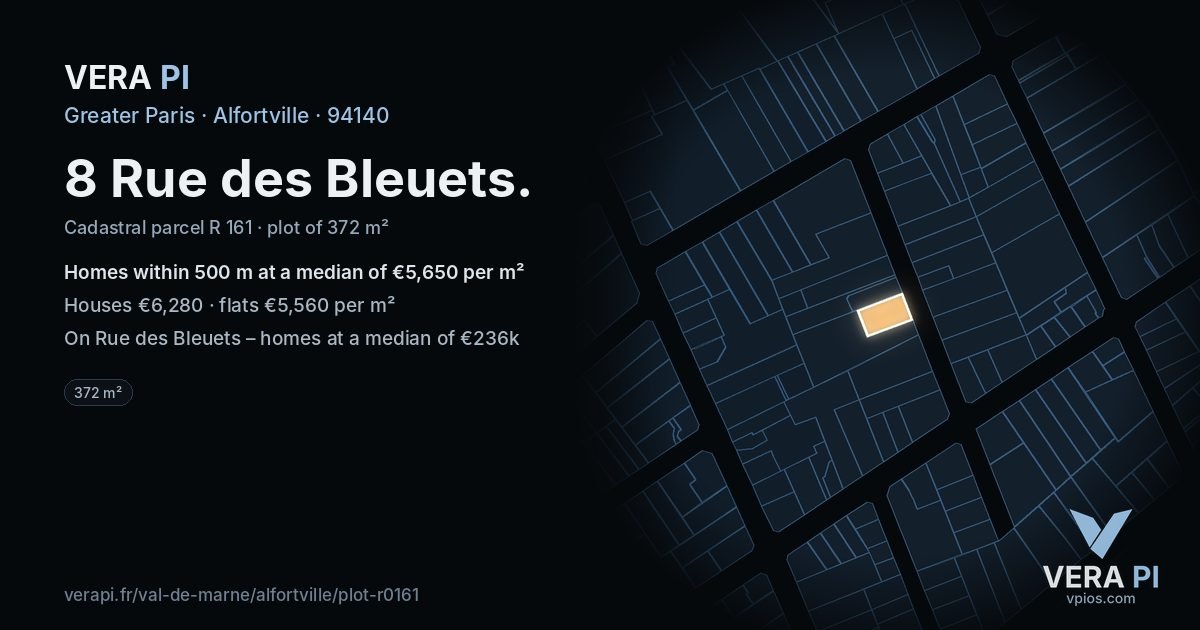 8 Rue des Bleuets, Alfortville at night – the plot lit, the parcels around coloured by the prices near them