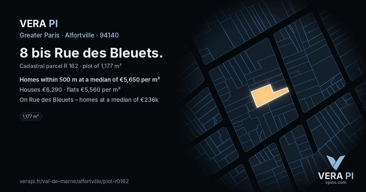 8 bis Rue des Bleuets, Alfortville at night – the plot lit, the parcels around coloured by the prices near them