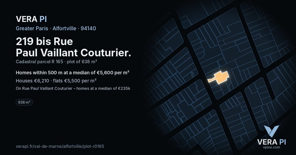 219 bis Rue Paul Vaillant Couturier, Alfortville at night – the plot lit, the parcels around coloured by the prices near them