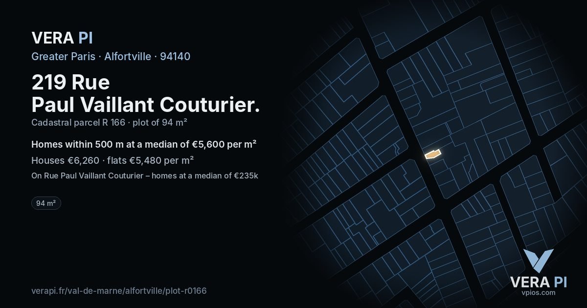 219 Rue Paul Vaillant Couturier, Alfortville at night – the plot lit, the parcels around coloured by the prices near them