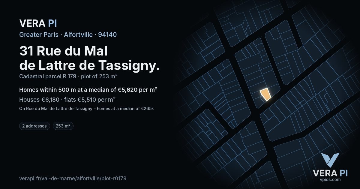 31 Rue du Mal de Lattre de Tassigny, Alfortville at night – the plot lit, the parcels around coloured by the prices near them