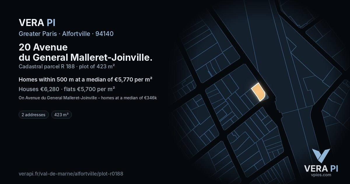 20 Avenue du General Malleret-Joinville, Alfortville at night – the plot lit, the parcels around coloured by the prices near them