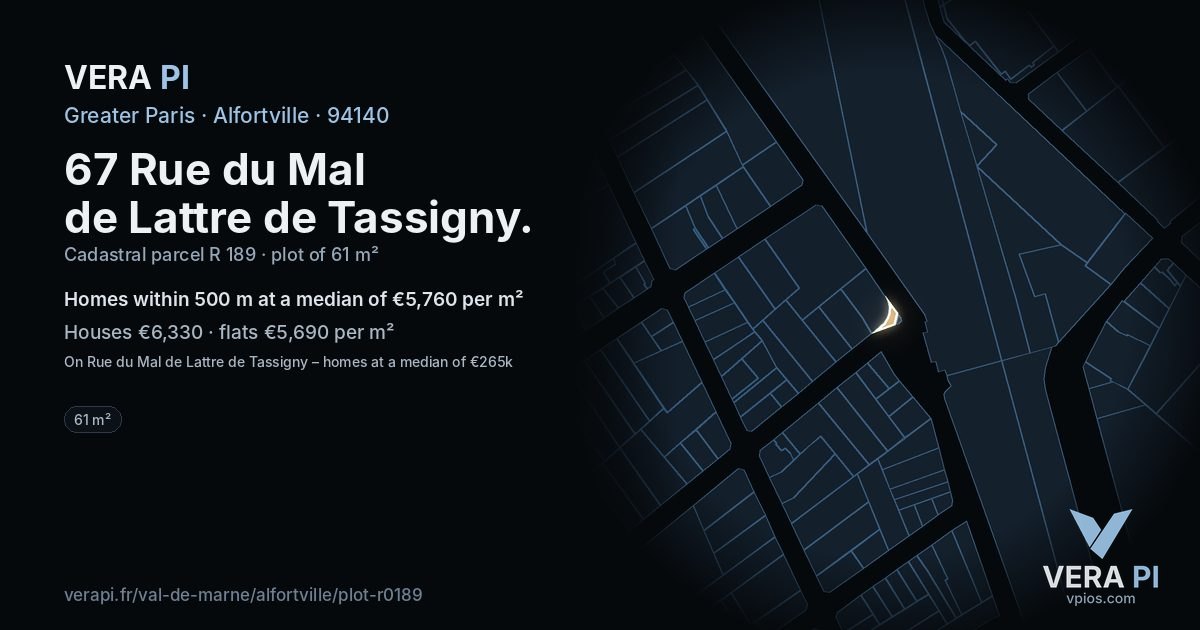67 Rue du Mal de Lattre de Tassigny, Alfortville at night – the plot lit, the parcels around coloured by the prices near them