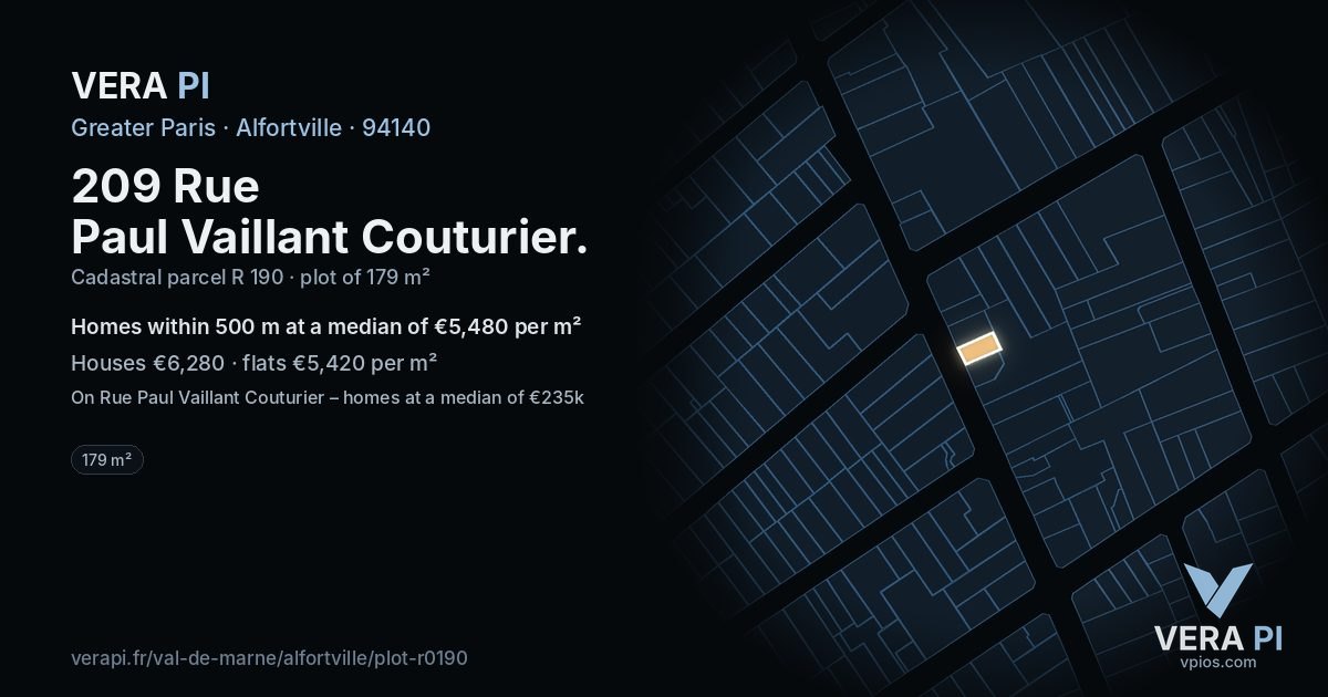 209 Rue Paul Vaillant Couturier, Alfortville at night – the plot lit, the parcels around coloured by the prices near them
