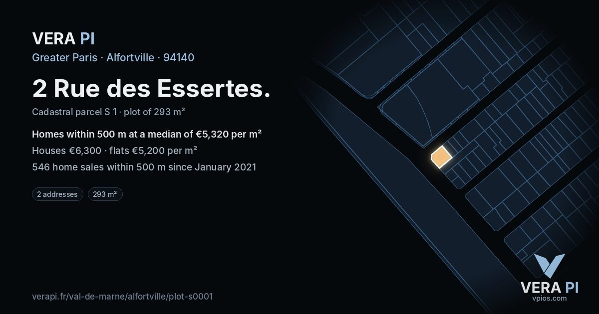 2 Rue des Essertes, Alfortville at night – the plot lit, the parcels around coloured by the prices near them